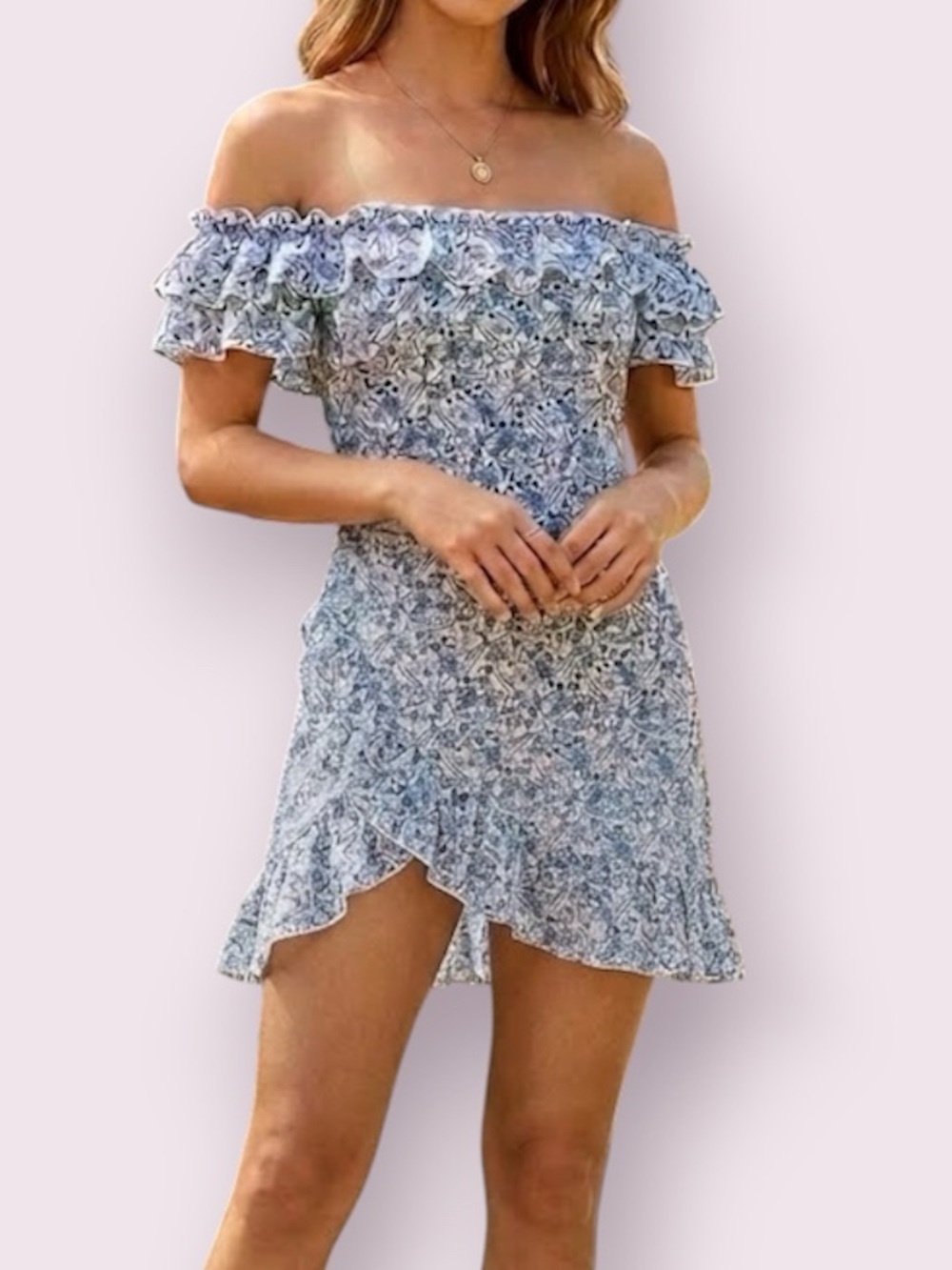 Cider Cottagecore Coquette Off The Shoulder Floral Mini Dress White Blue Size XS